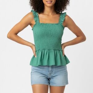 Sim & Sam Top Smocked Peplum Cropped Green Sleeveless M Boho Festival Party Mod